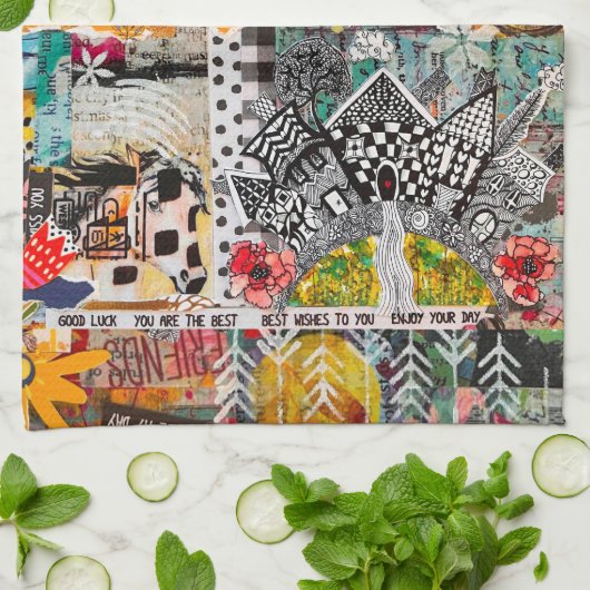 Kleurrijke gemengde media Inspirerend collage Theedoek (Gevouwen)