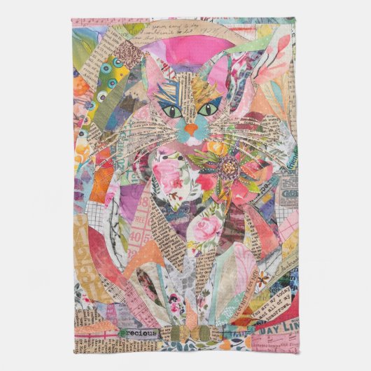 Kleurrijke Gemengde Media Paper Art Kat Keuken Han Theedoek (Verticaal)