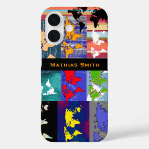 kleurrijke geografische gemengde wereldkaarten iPhone 16 hoesje