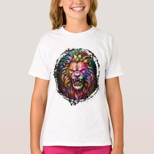 KLEURRIJKE GEOMETRISCHE ABSTRACTE MAJESTUEUZE LION T-SHIRT (Voorkant)