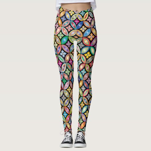 Kleurrijke geometrische bloemen leggings (Voorkant)