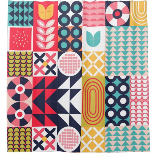 Kleurrijke Geometrische Mid Century Funky Douchegordijn (Voorkant)