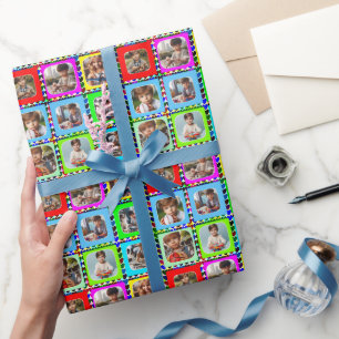 Kleurrijke gepersonaliseerde negen foto's, hartenp cadeaupapier