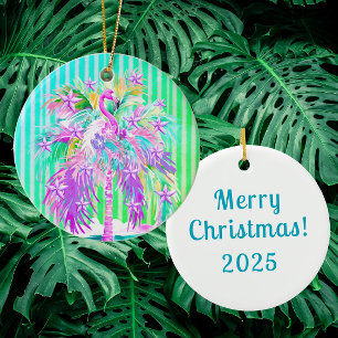 Kleurrijke gepersonaliseerde palmboomflamingo keramisch ornament