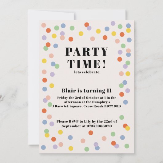 Kleurrijke gepersonaliseerde uitnodiging voor verj (Voorkant)