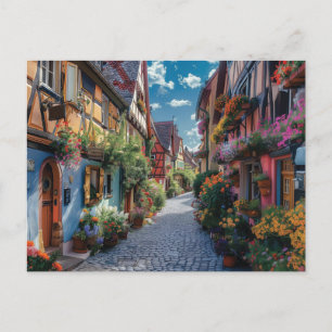 Kleurrijke geplaveide straat versierd met bloemen briefkaart