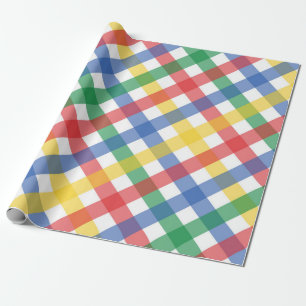 Kleurrijke geruite rasterpatroon in primaire kleur cadeaupapier