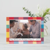 Kleurrijke geruite vrolijk kerstfoto horizontaal feestdagenkaart (Staand voorkant)