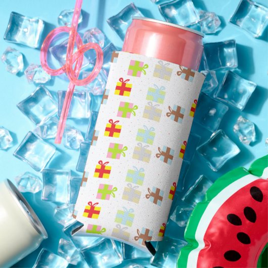 Kleurrijke geschenkdozen op wit seltzer blikjeskoeler (Insitu Zomer)