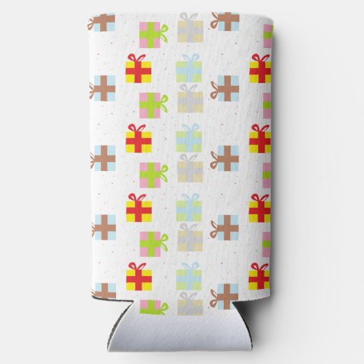 Kleurrijke geschenkdozen op wit seltzer blikjeskoeler (Achterkant)