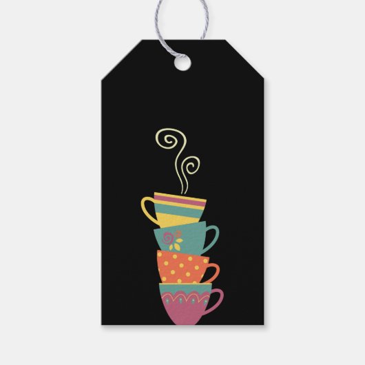 Kleurrijke gestapelde mokken, retro koffiestoom cadeaulabel (Voorkant)