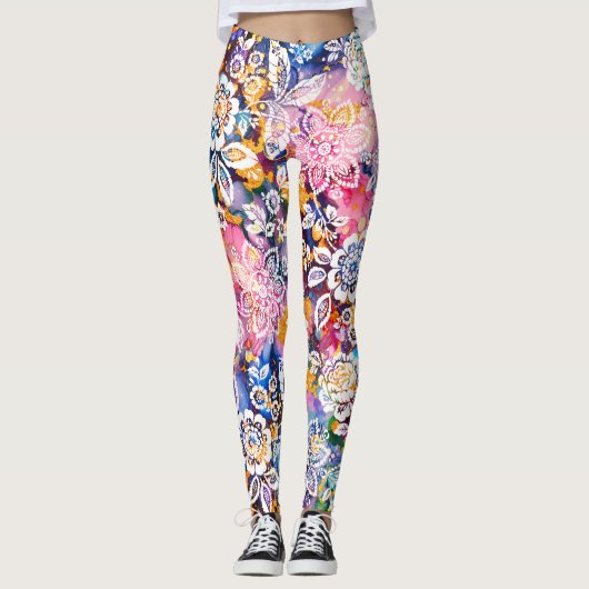 Kleurrijke gestileerde lente bloem leggings (Voorkant)