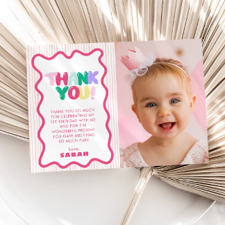 Kleurrijke gestreepte 1e verjaardag dank je kaart