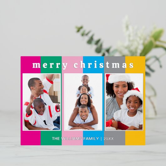 Kleurrijke Gestreepte 3 Fotocollage Vrolijk Kerstf Folie Feestdagenkaart (Staand Voorkant)