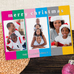 Kleurrijke Gestreepte 3 Fotocollage Vrolijk Kerstf Folie Feestdagenkaart<br><div class="desc">Stuur een heldere feestelijke bloei naar je vrienden en familie met deze kleurrijke kerstkaart. Op een fel gestreepte achtergrond geeft de kaart drie van uw favoriete foto's weer in een galerijeffect. Bovenaan staat de begroeting 'Merry Christmas' in een lagere hoesje typografie met een cool retro uiterlijk. Pas de tekst onder...</div>