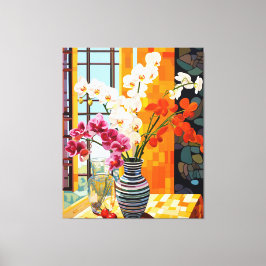 Kleurrijke gestreepte vaas bloemvenster houten pla canvas afdruk