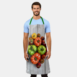 Kleurrijke gestripte tomaten op de weerstabel schort