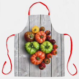 Kleurrijke gestripte tomaten op de weerstabel schort