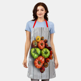 Kleurrijke gestripte tomaten op de weerstabel schort