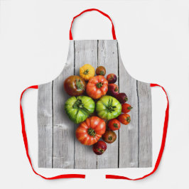 Kleurrijke gestripte tomaten op de weerstabel schort