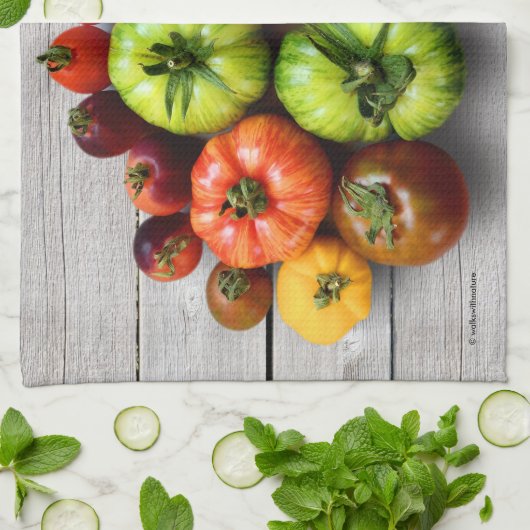 Kleurrijke gestripte tomaten op de weerstabel theedoek (Gevouwen)