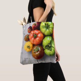 Kleurrijke gestripte tomaten op de weerstabel tote bag
