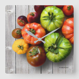 Kleurrijke gestripte tomaten op de weerstabel vierkante klok