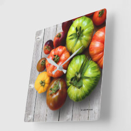 Kleurrijke gestripte tomaten op de weerstabel vierkante klok