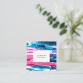 Kleurrijke getextureerde schilderroze blauw vierkante visitekaartje (Staand voorkant)