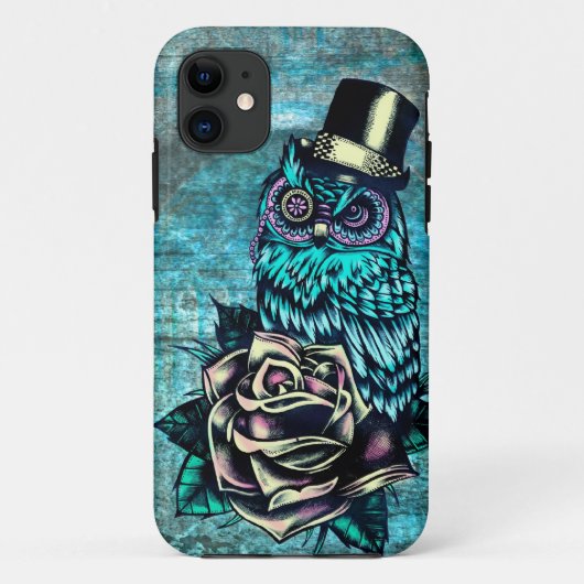 Kleurrijke getextureerde uil illustratie op blauwg Case-Mate iPhone case (Achterkant)
