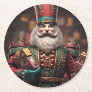 Kleurrijke geüniformeerde heer met vele cadeaus ronde kartonnen onderzetter