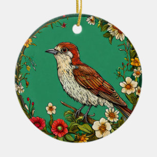 Kleurrijke gewone winterkoning vogel te midden van keramisch ornament