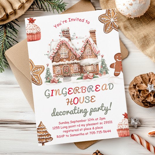 Kleurrijke Gingerbread House Decorating Party Kaart