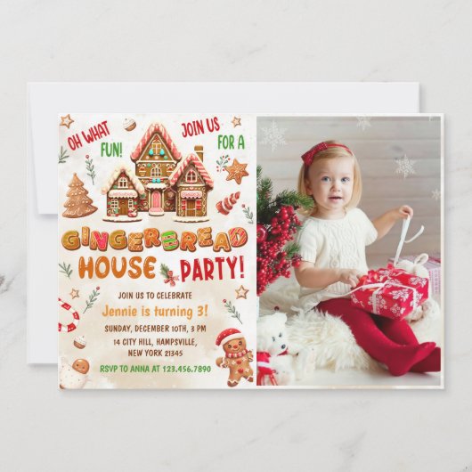 Kleurrijke Gingerbread House verjaardagsfeestje fo Kaart (Voorkant)