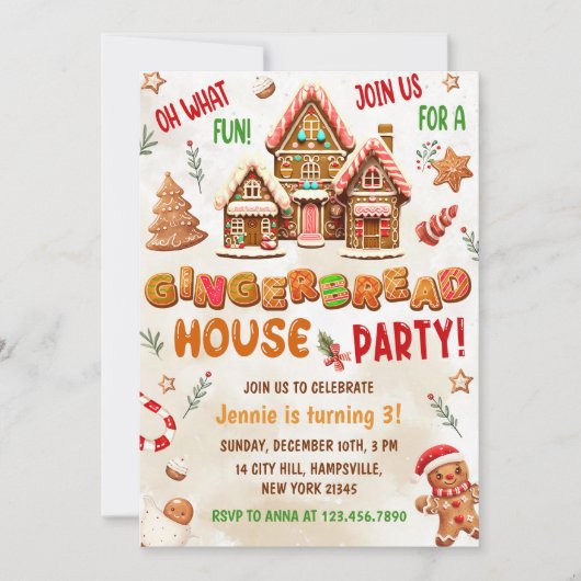 Kleurrijke Gingerbread House verjaardagsfeestje Kaart (Voorkant)