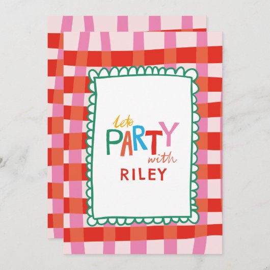 Kleurrijke Gingham "Laten we Feesten" Aangepaste N Kaart (Voorkant / Achterkant)