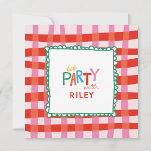 Kleurrijke Gingham "Laten we Feesten" Aangepaste n Kaart