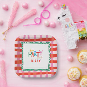 Kleurrijke Gingham "Laten we Feesten" Aangepaste N Papieren Bordje