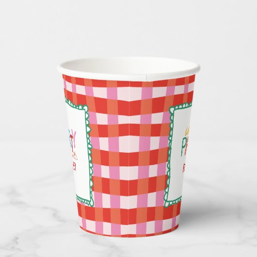 Kleurrijke Gingham "Let's Party" Custom Name Kinde Papieren Bekers (Rechts)