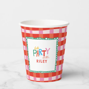 Kleurrijke Gingham "Let's Party" Custom Name Kinde Papieren Bekers