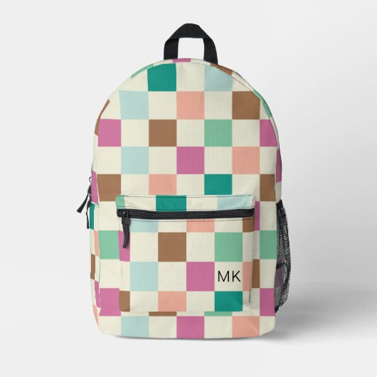 Kleurrijke Girly Checkerboard Monogram Initialen Bedrukte Rugzak (Voorkant)