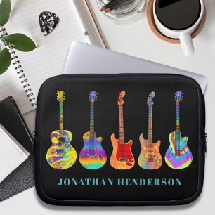 Kleurrijke gitaar patroon op zwart voeg naam toe laptop sleeve