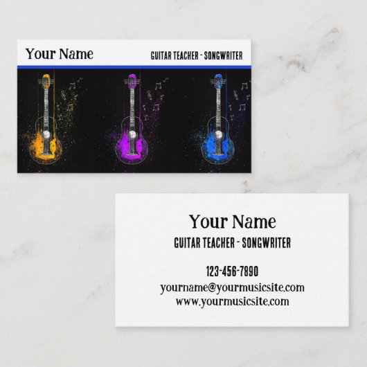 Kleurrijke gitaar trio muziek instructeur gitarist visitekaartje (Voorkant / Achterkant)