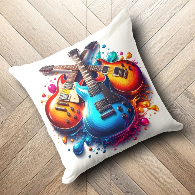 Kleurrijke gitaren leven hardop met muziek kussen (Colorful Guitars Live Life Out Loud with Music Throw Pillow Cover Photo)