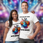 Kleurrijke gitaren leven hardop met muziek t-shirt