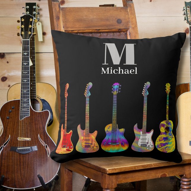 Kleurrijke gitaren Monogram Zwart Kussen (Colorful guitar pattern custom monogram black pillow for guitarists musicians music guitar teachers)