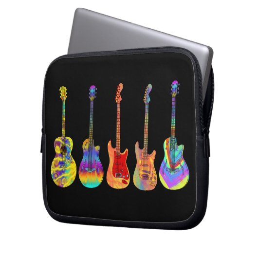 Kleurrijke gitaren op zwart laptop sleeve (Voorkant Links)