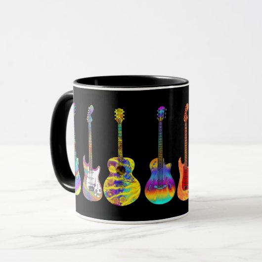 Kleurrijke gitaren op zwart mok (Voorkant links)