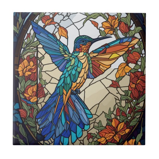 Kleurrijke Glas in lood Artistic Hummingbird Tegeltje (Voorkant)