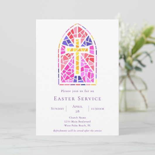 Kleurrijke Glas in lood Cross Church Paasdienst Kaart (Staand voorkant)